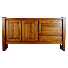 Large brutalist elm buffet or sideboard in the style of Regain, 1980s, France