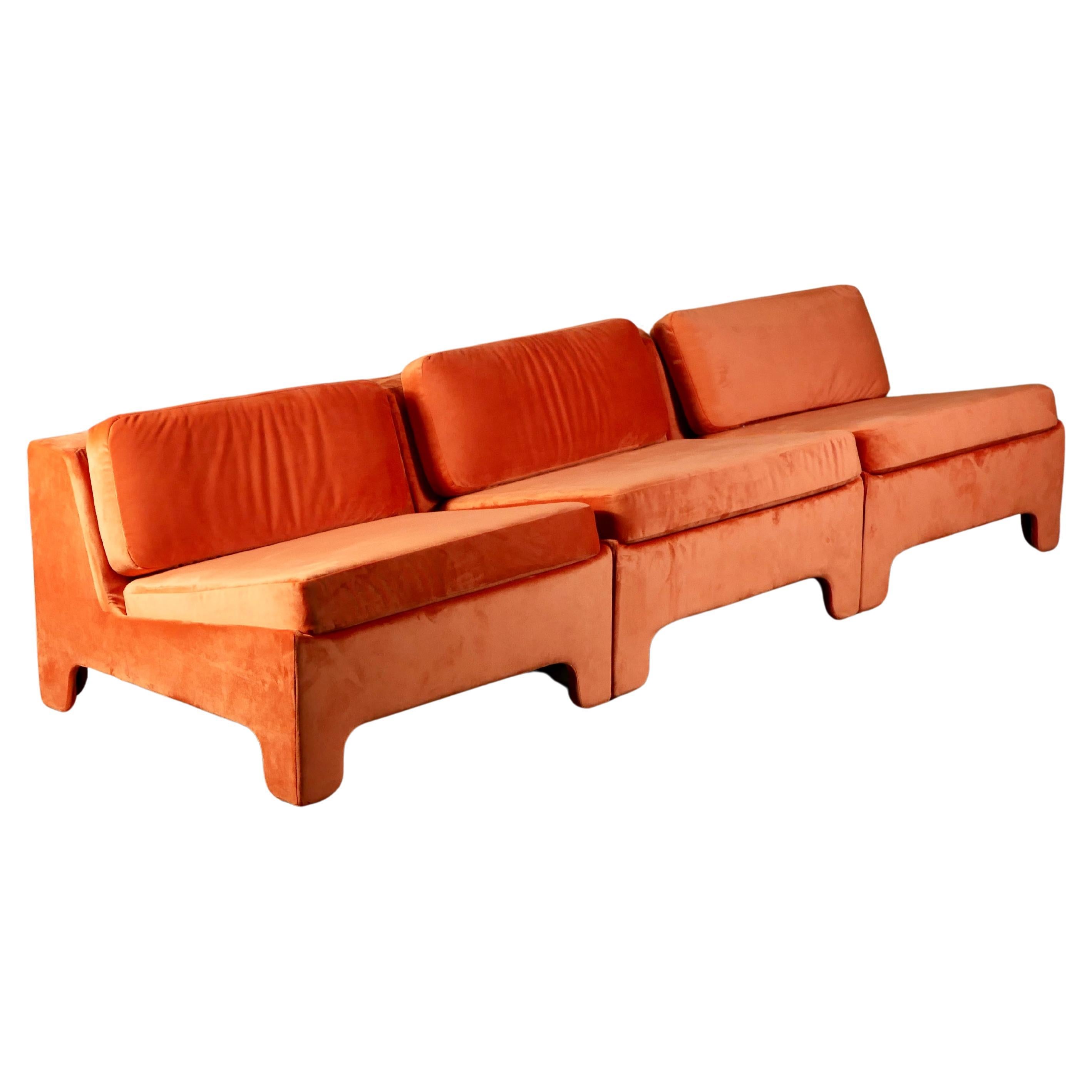 Space Age Set of 3 orange velvet armchairs by Beaufort, made in Belgium, 1970s