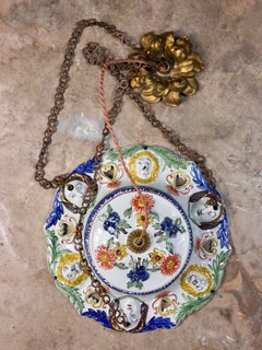 Antique Woman and lion faces polychrome ceramic chandelier from Sicily, 19th century