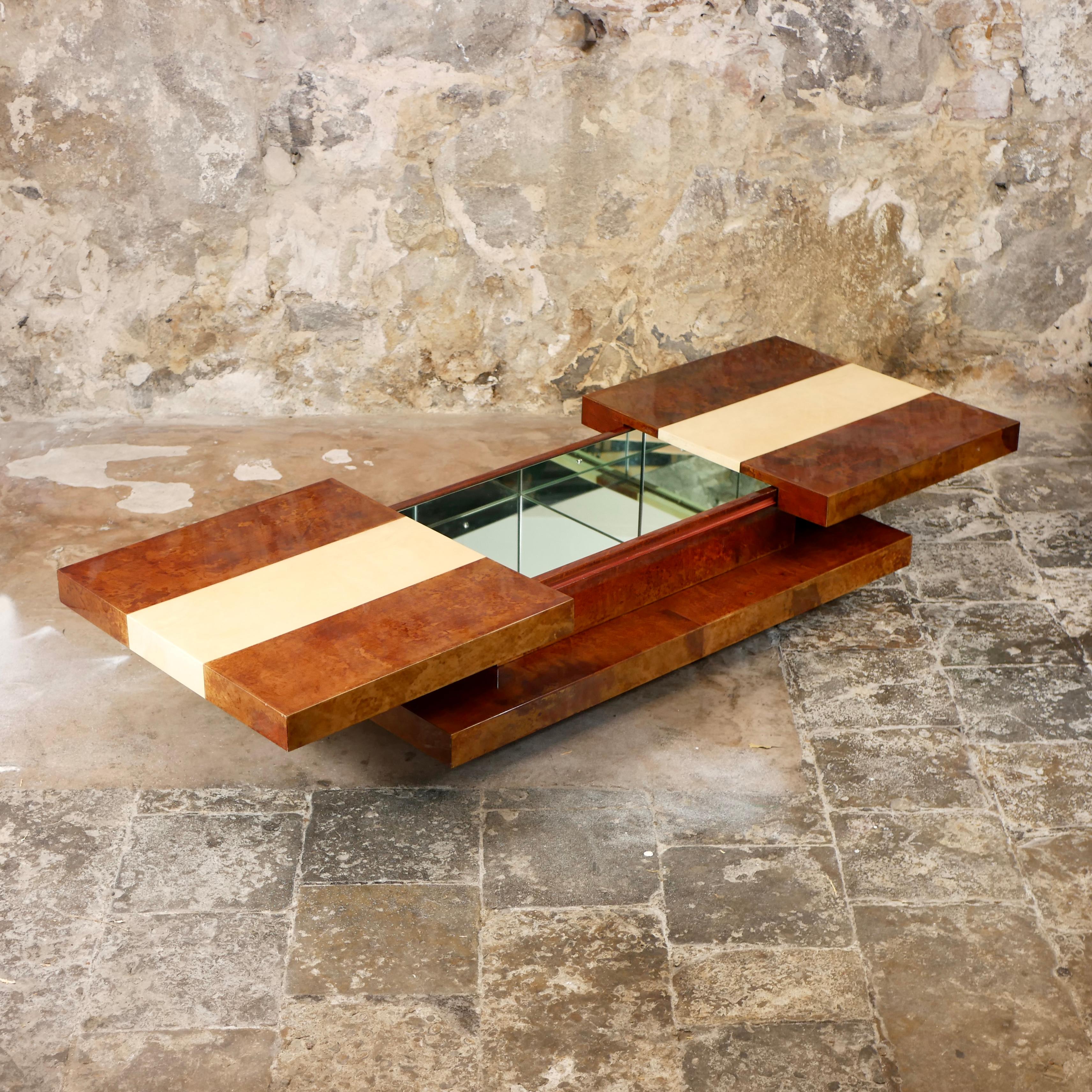 Large goatskin coffee table with mirrored bar by Aldo Tura, Italy, 1970s In Good Condition In Lyon, FR