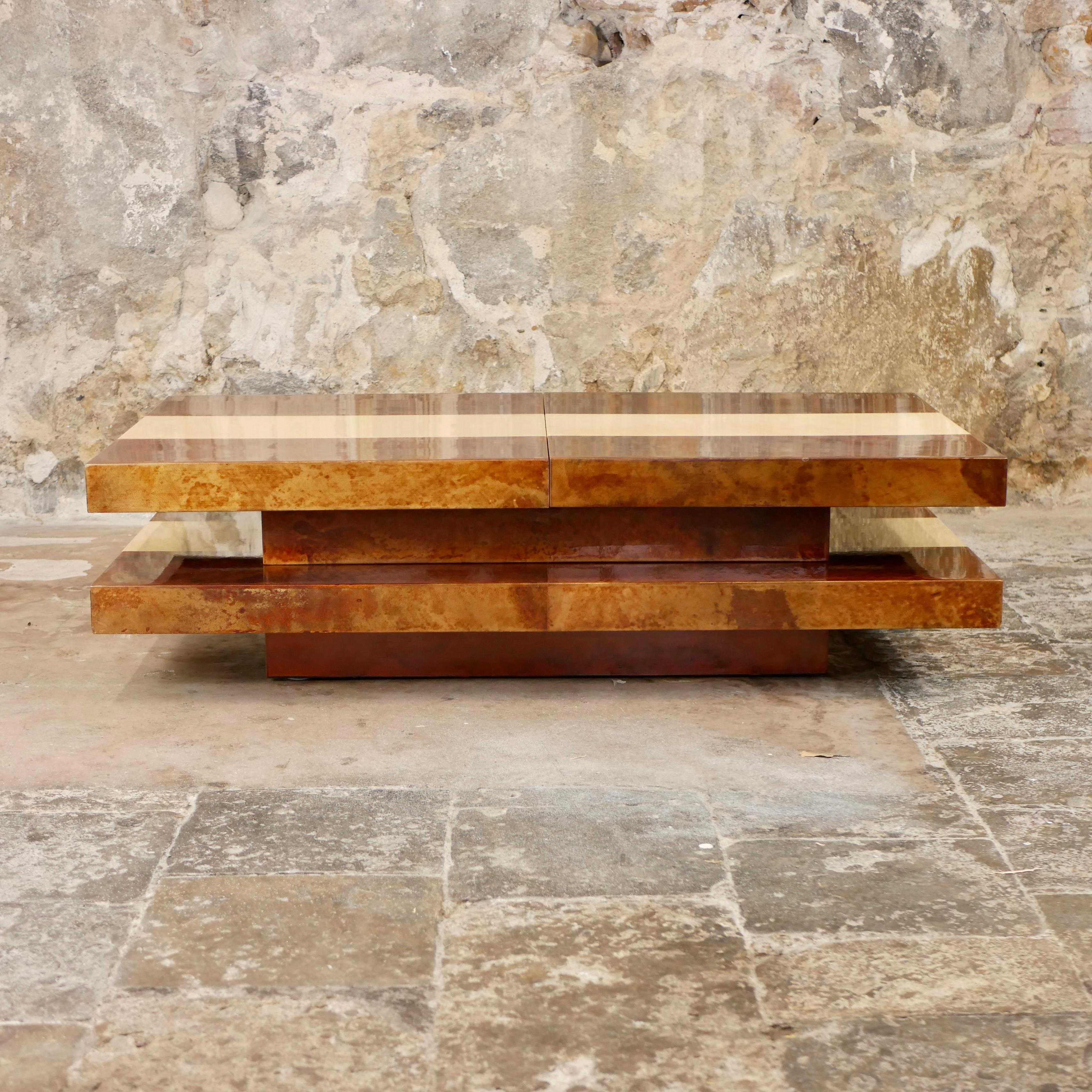 Large goatskin coffee table with mirrored bar by Aldo Tura, Italy, 1970s For Sale 2