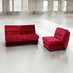 Living room set in burgundy velvet, France, 1980s