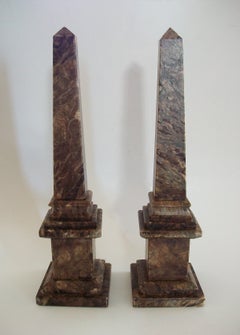 Vintage Pair of Grand Tour Style Brown Alabaster Obelisks - Italy - Circa 1970