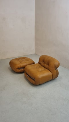Pair of Soriana armchairs+pouf in leather by A&T Scarpa for Cassina Italy 1969