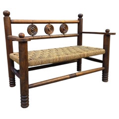 Charmin Vintage Wooden Bench with Woven Rope, French 1950s