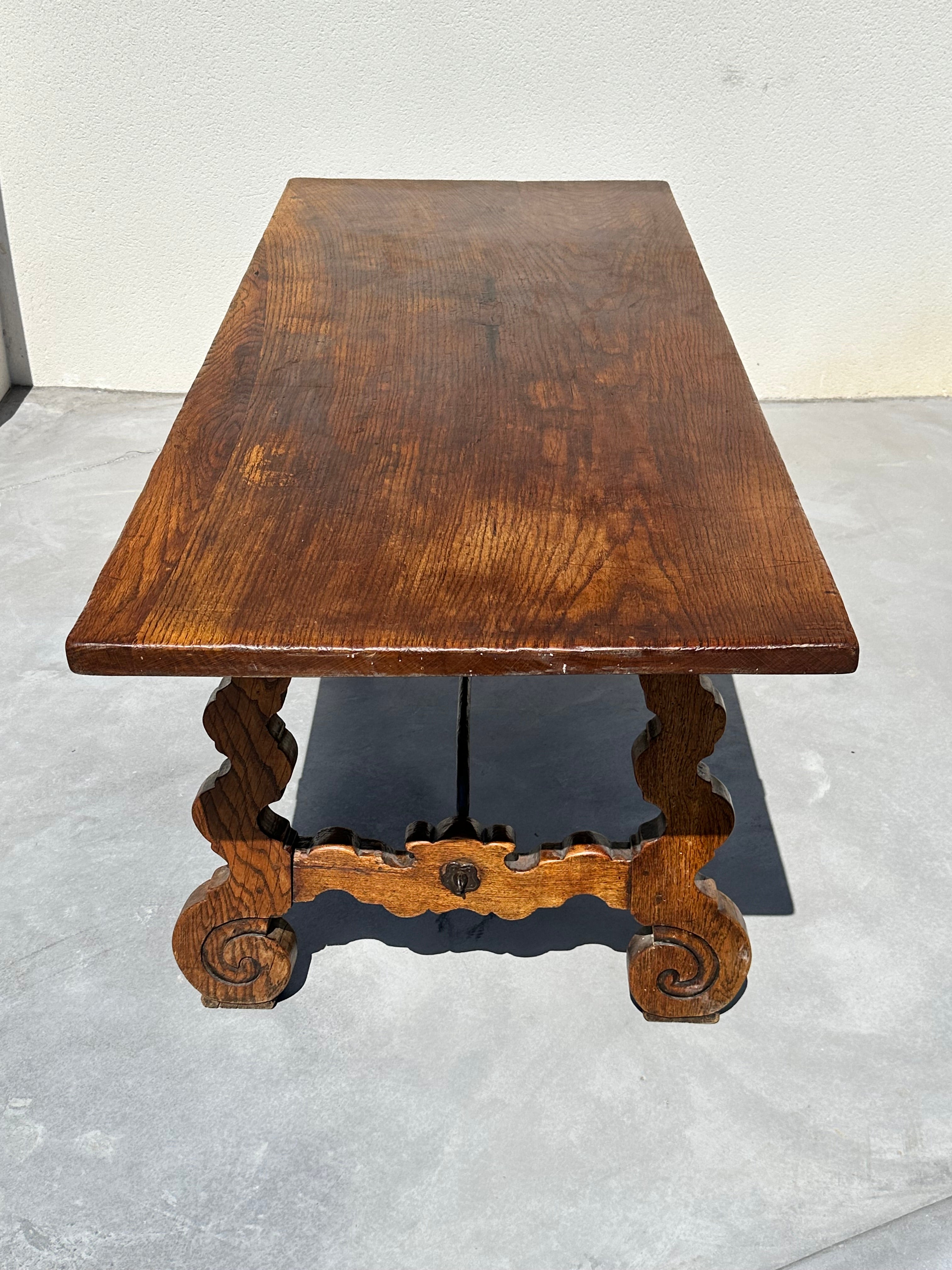 Refectory regionalist table, solid walnut and wrought iron. 19th century, Spain For Sale