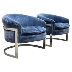 Stunning Milo Baughman Chrome Barrel Back Chairs in Original Blue Velvet