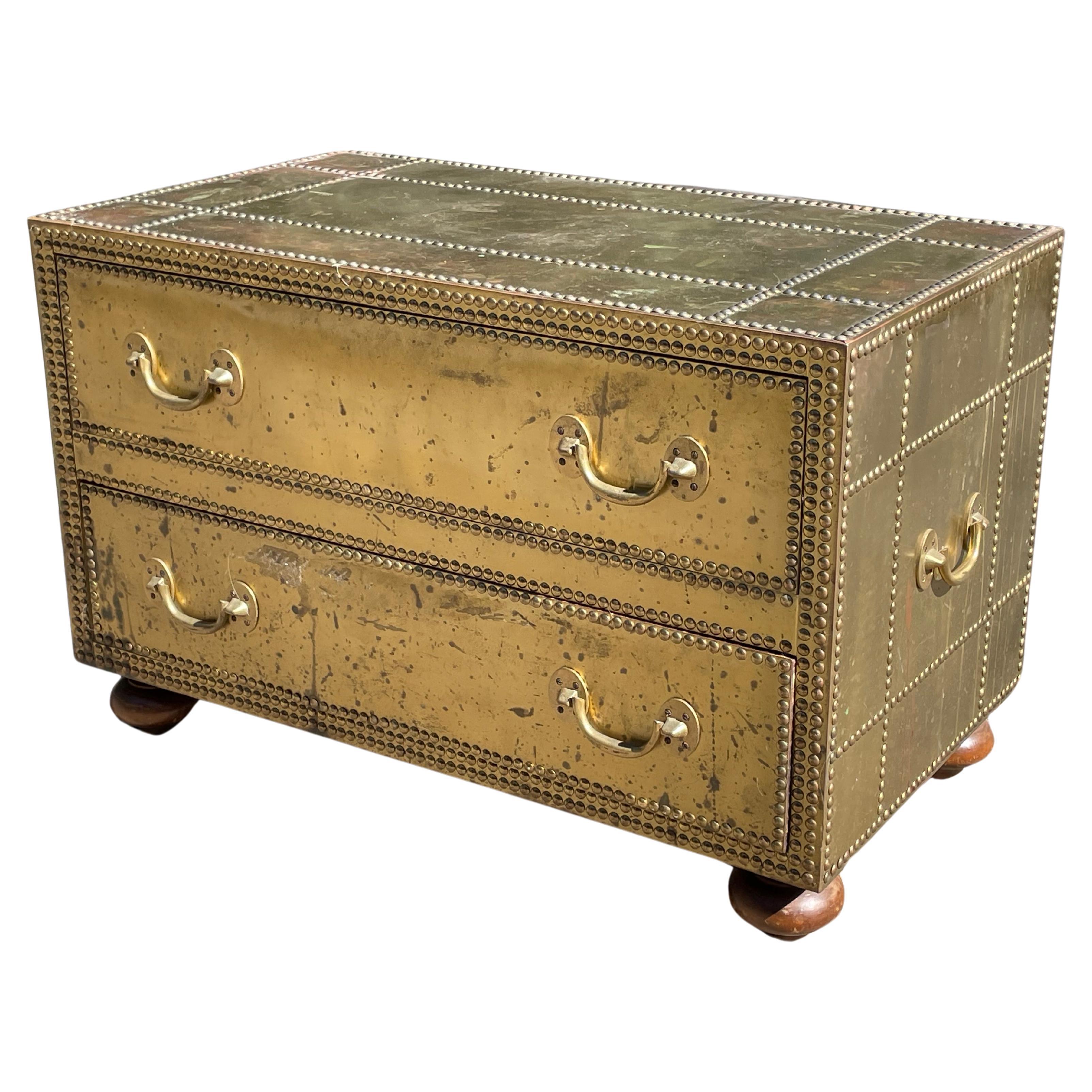 Spanish Vintage Sarreid Brass Cocktail Table Chest of Drawers, circa 1970s For Sale