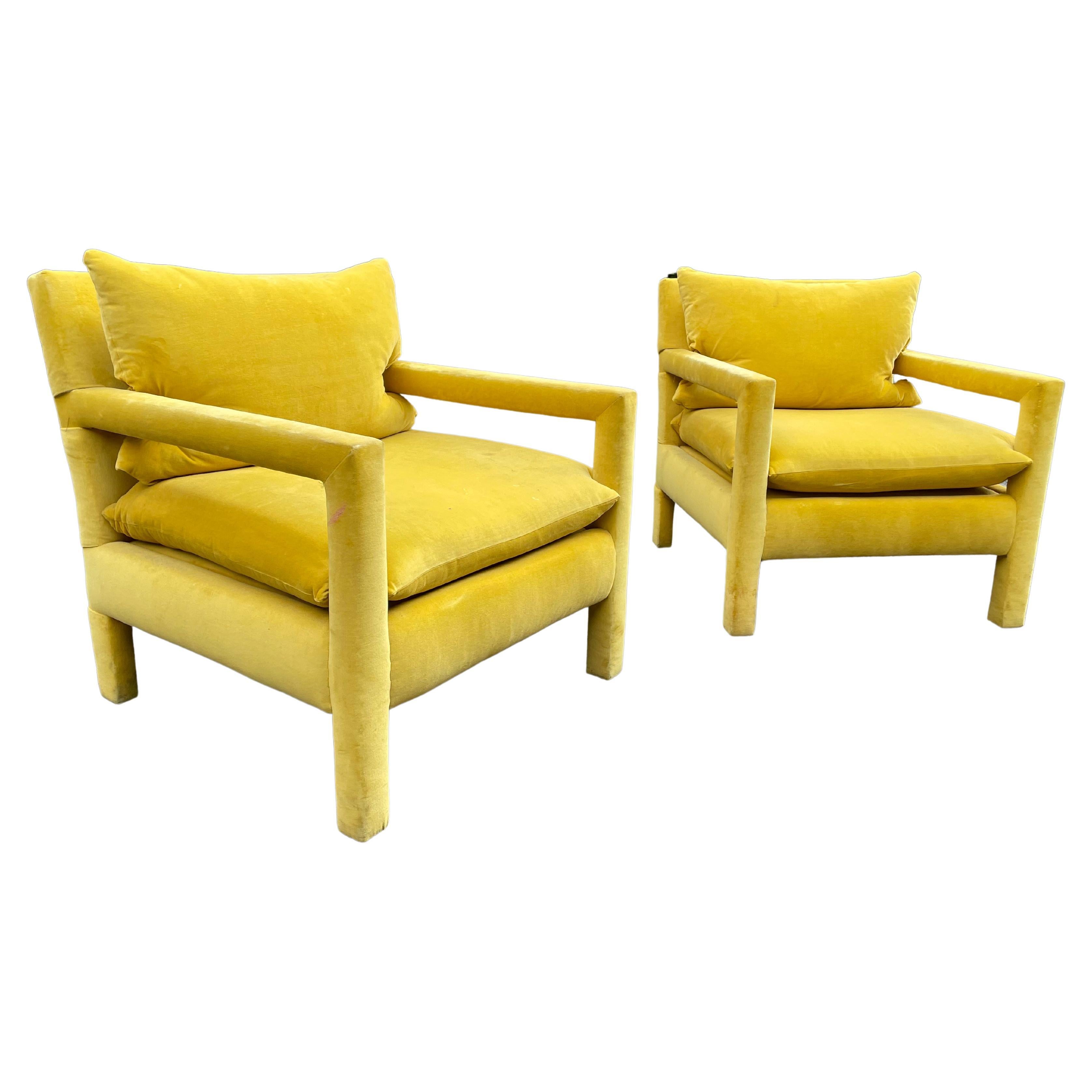 Velours Paire de chaises Parsons Milo Baughman en velours jaune, années 1960