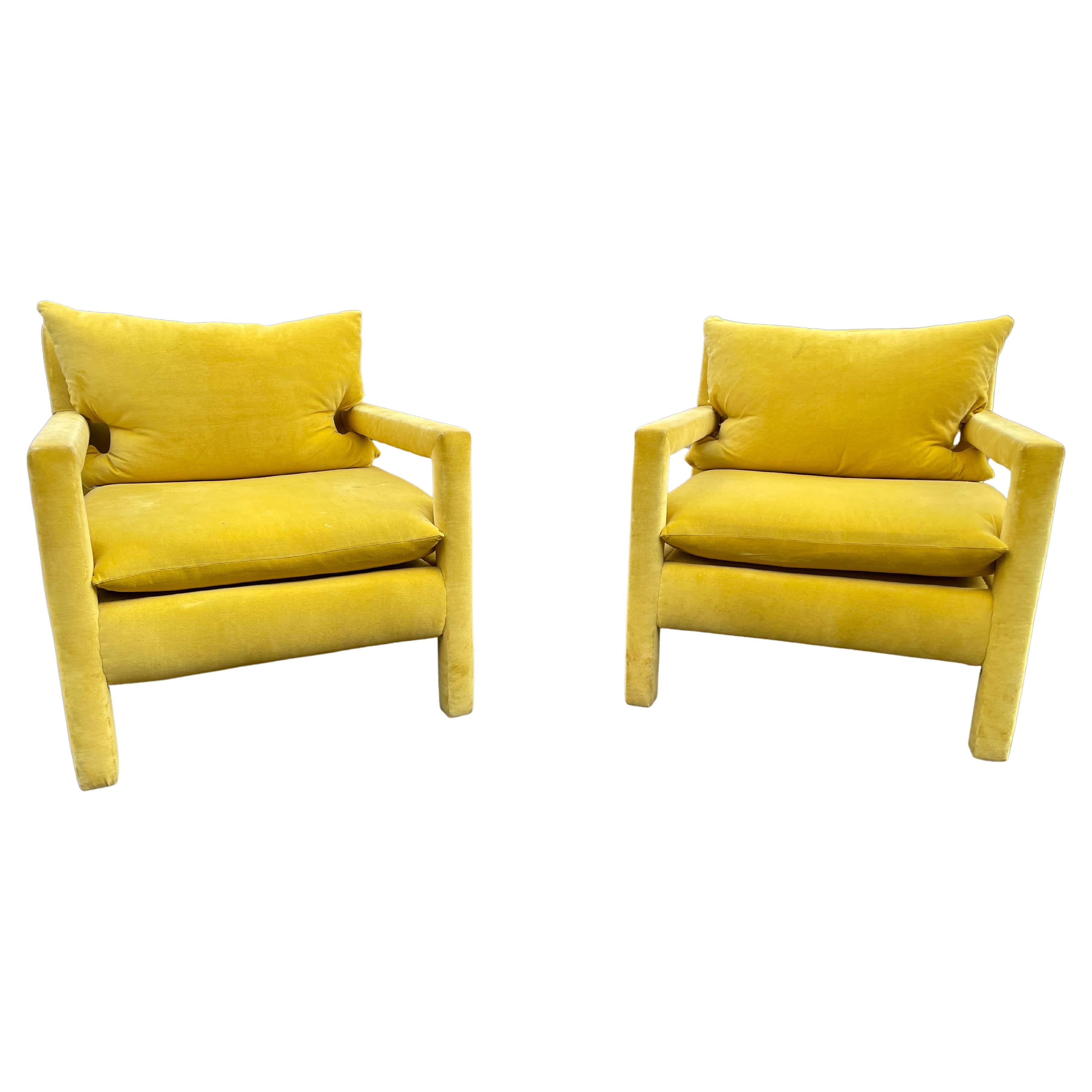 Mid-20th Century Yellow Velvet Milo Baughman Parsons Chairs, Pair. 1960s.