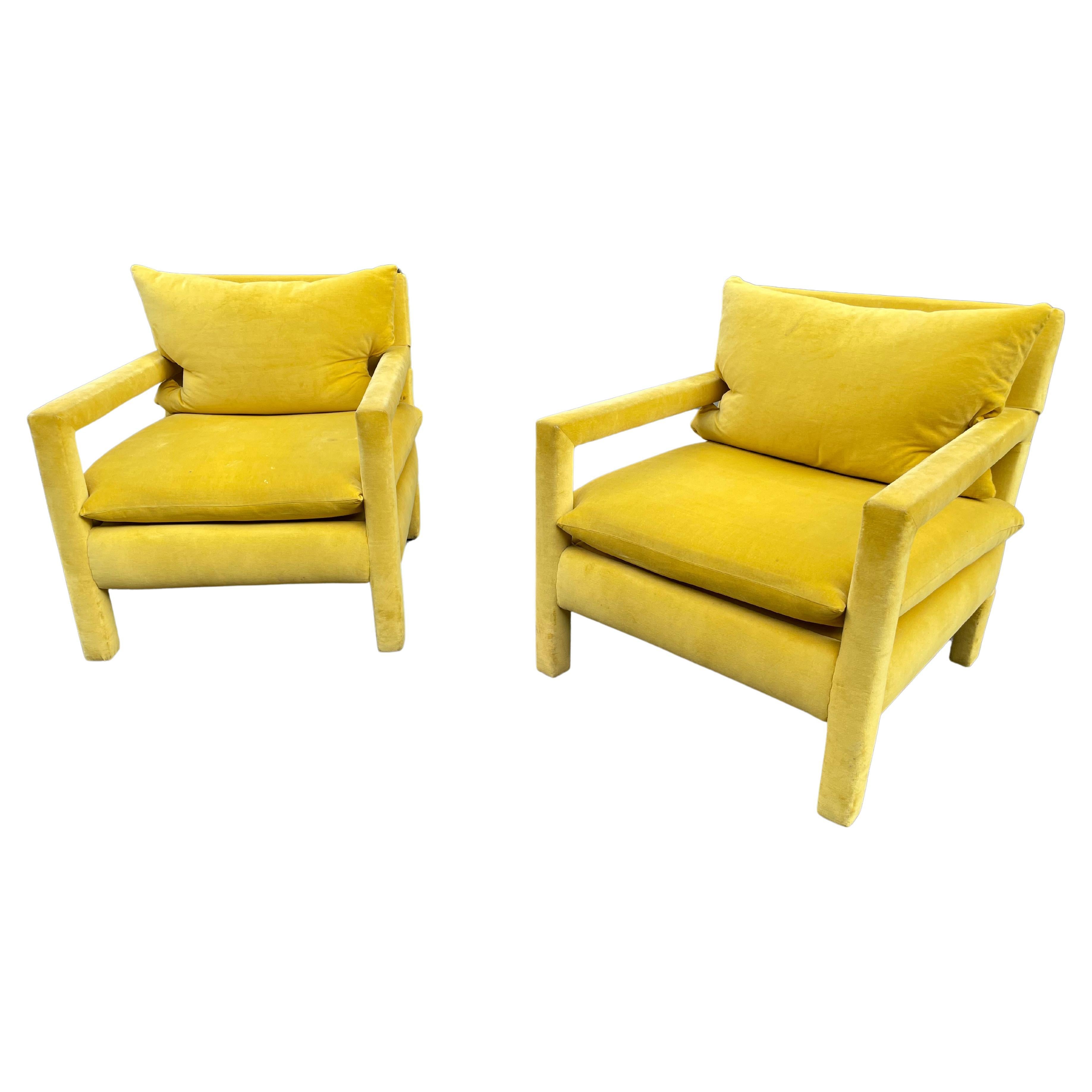 Yellow Velvet Milo Baughman Parsons Chairs, Pair. 1960s. In Good Condition In Los Angeles, CA