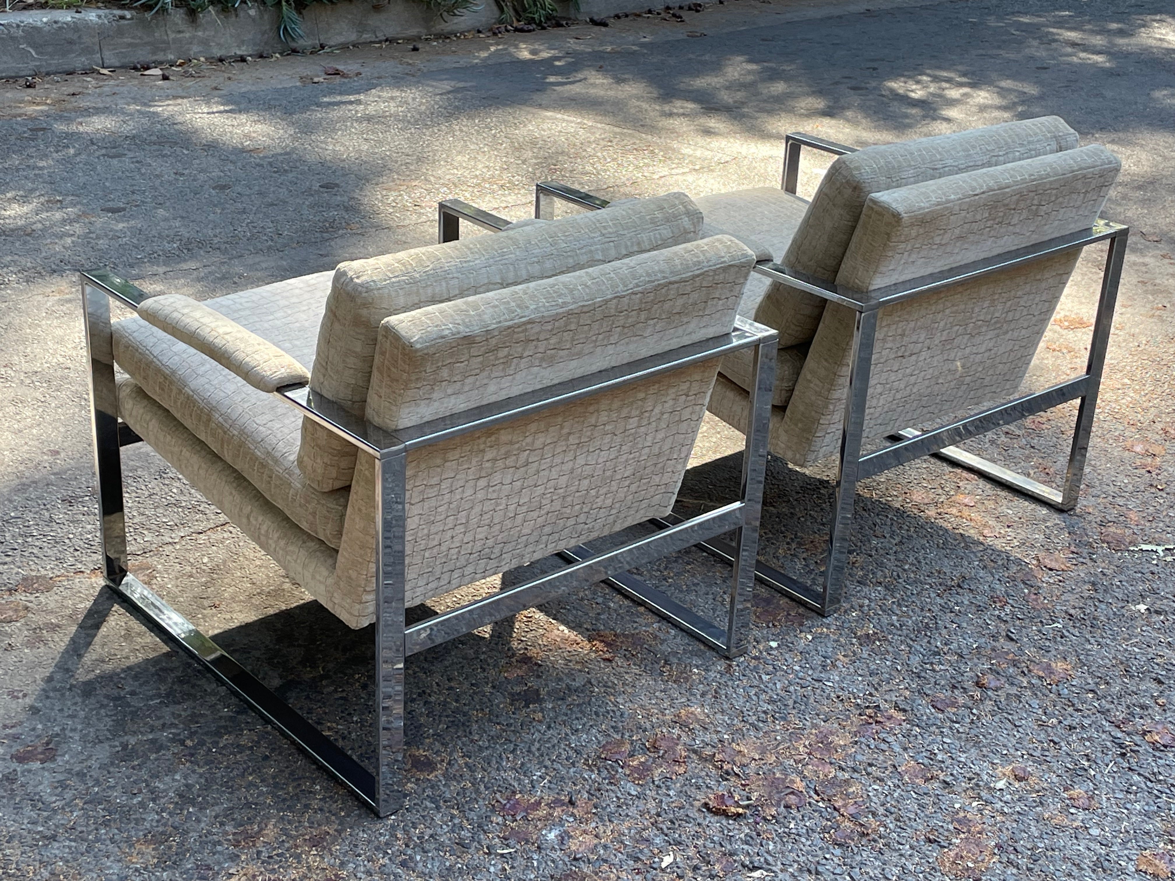 Upholstery Milo Baughman Chrome Lounge Chairs, Pair
