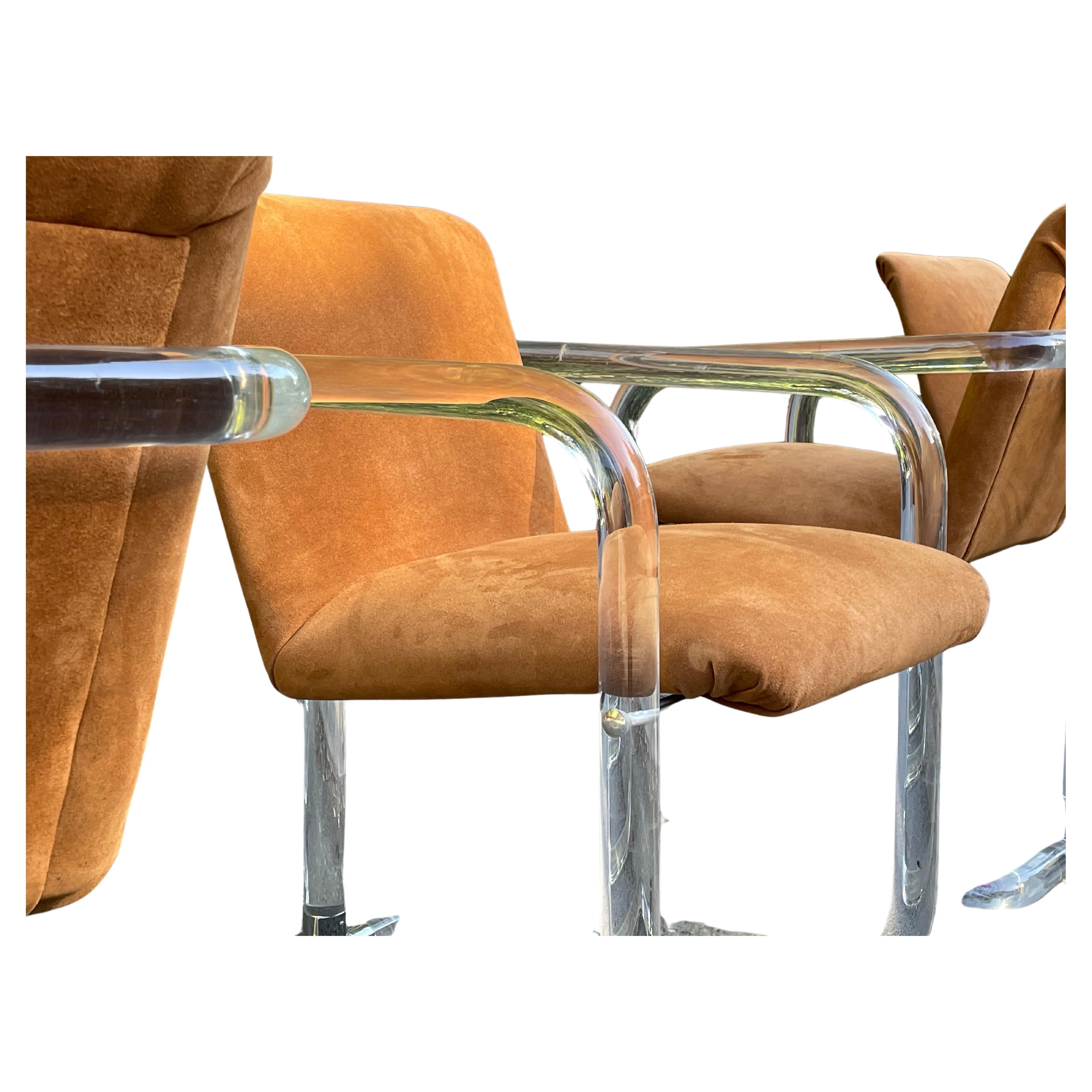 Mid-Century Modern Set of 4 Lion in Frost Lucite & Suede Dining Chairs, Circa 1970s For Sale