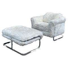 Milo Baughman Barrel Back Chrome Flat Bar Lounge Chair & Ottoman with Faux Fur