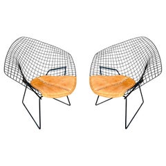 Pair of Harry Bertoia for Knoll Diamond Chairs with Custom Leather Seat Pads