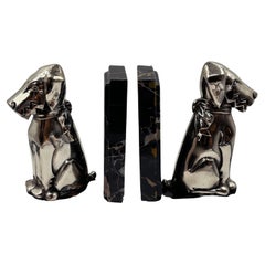 Pair of Art Deco Bookends with Dogs in Silver-Plated Metal and Marble