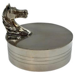 Hermès Paris Silvered Metal Round Box with Equestrian Horse Head Finial