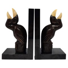 Pair of French Art Deco Patinated Bronze Marabou Stork Bookends by Marcel-André