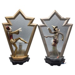 Paar französische Art-déco-Lampen mit Bühnenfiguren von Roland Paris, um 1930