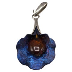 Pendentif vintage bleu à motif floral en argent massif