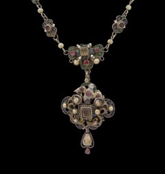 Antique Ottoman-Style Silver Filigree and Polychrome Enamel Pendant Necklace, 19