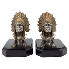 Pair of Sculptural Native American Bust Bookends by Henri Payen