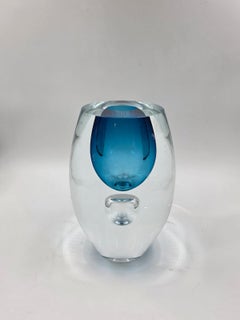 Vase sculptural en verre de Murano, transparent et bleu