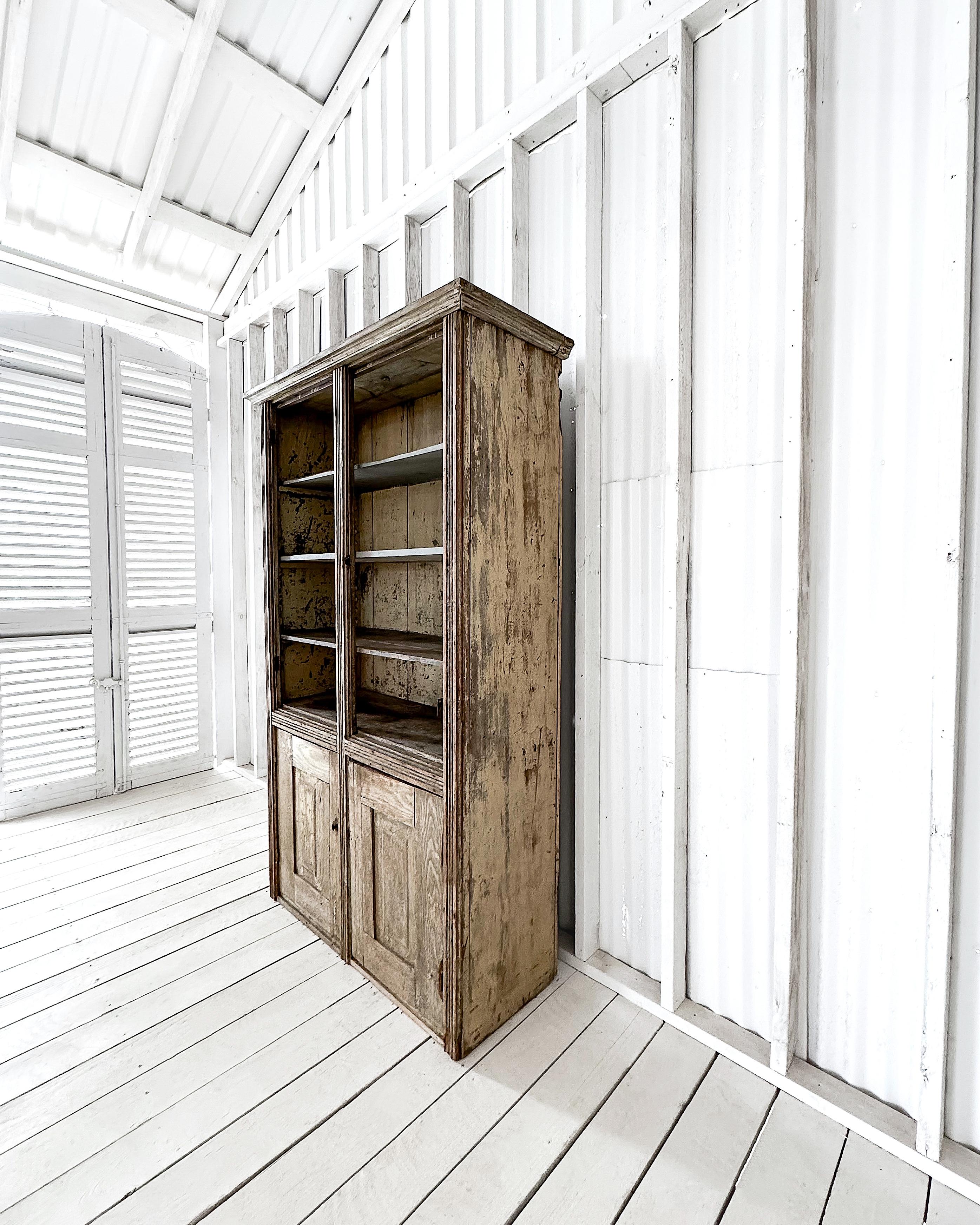 Wood Antique Primitive 4 Door Cupboard with Worn Paint For Sale
