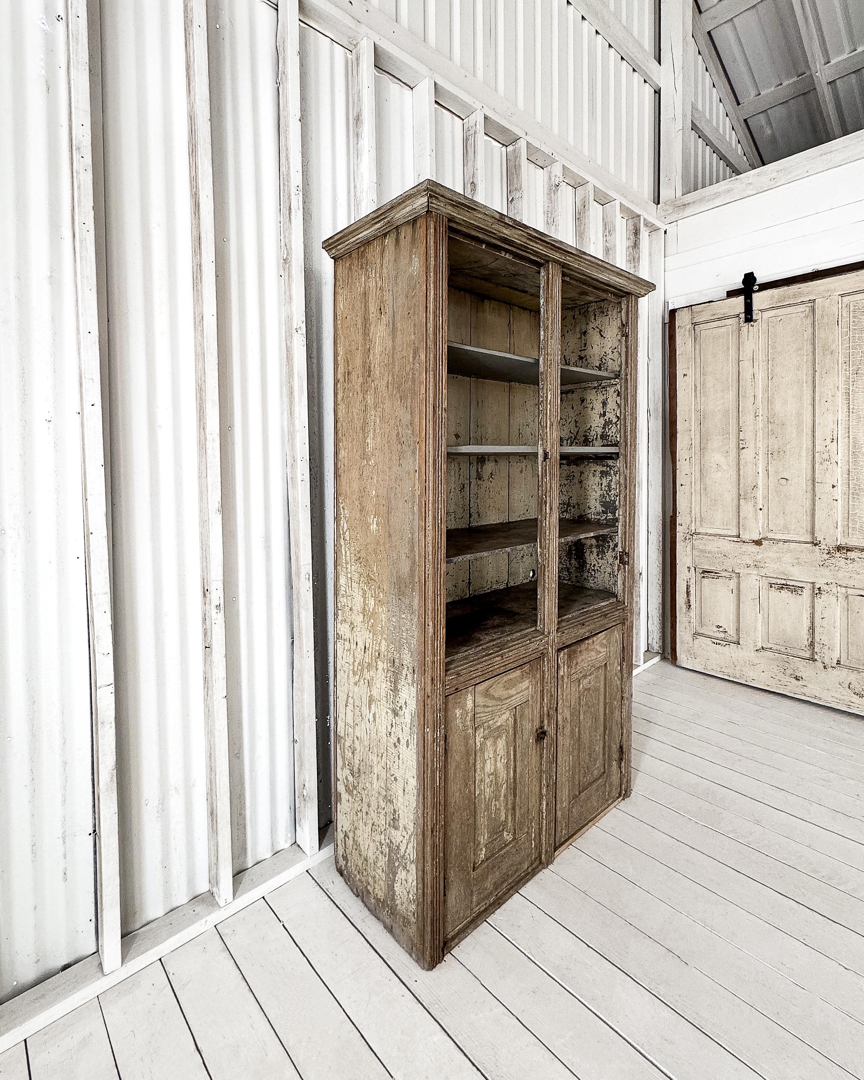 19th Century Antique Primitive 4 Door Cupboard with Worn Paint For Sale