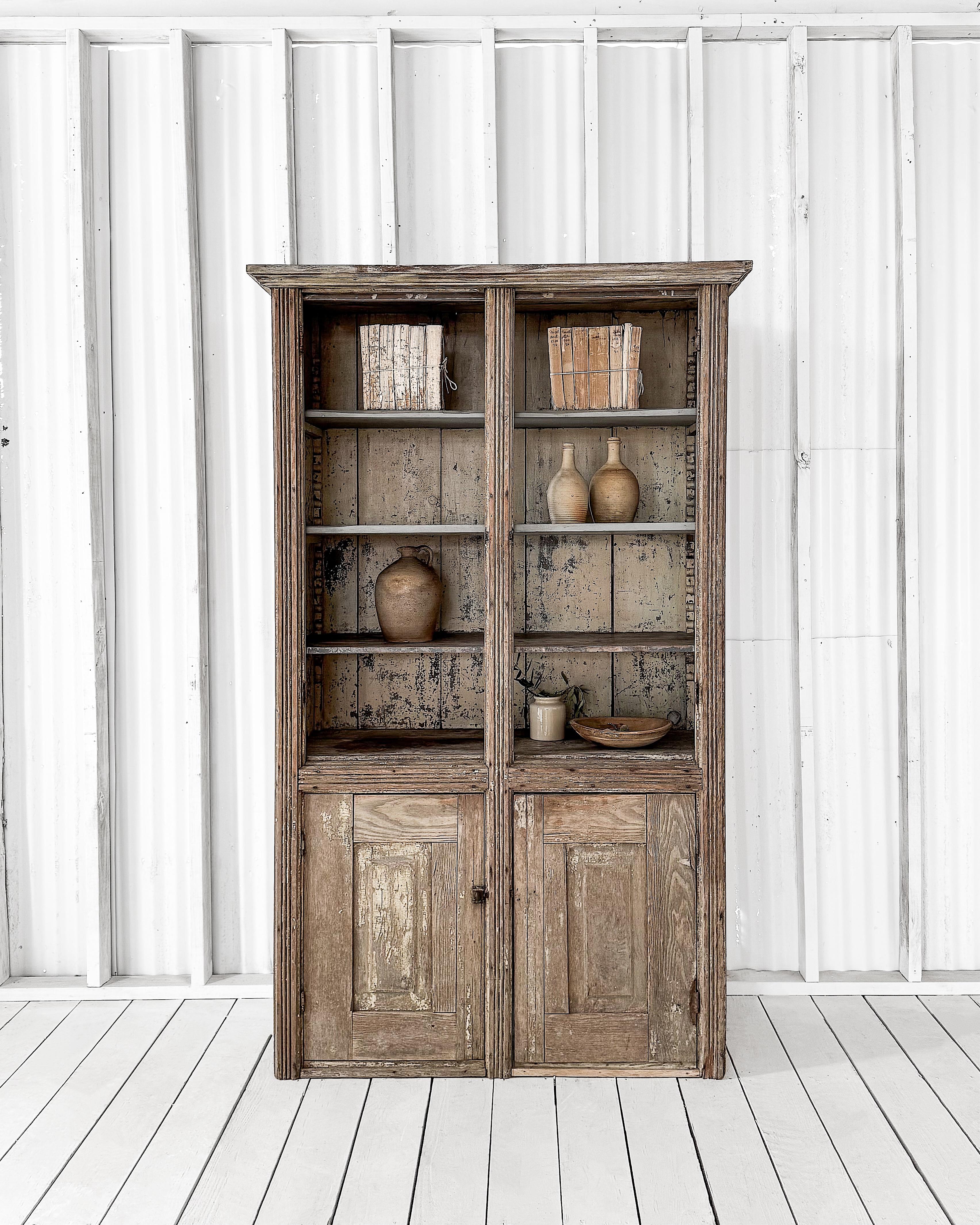 American Antique Primitive 4 Door Cupboard with Worn Paint For Sale
