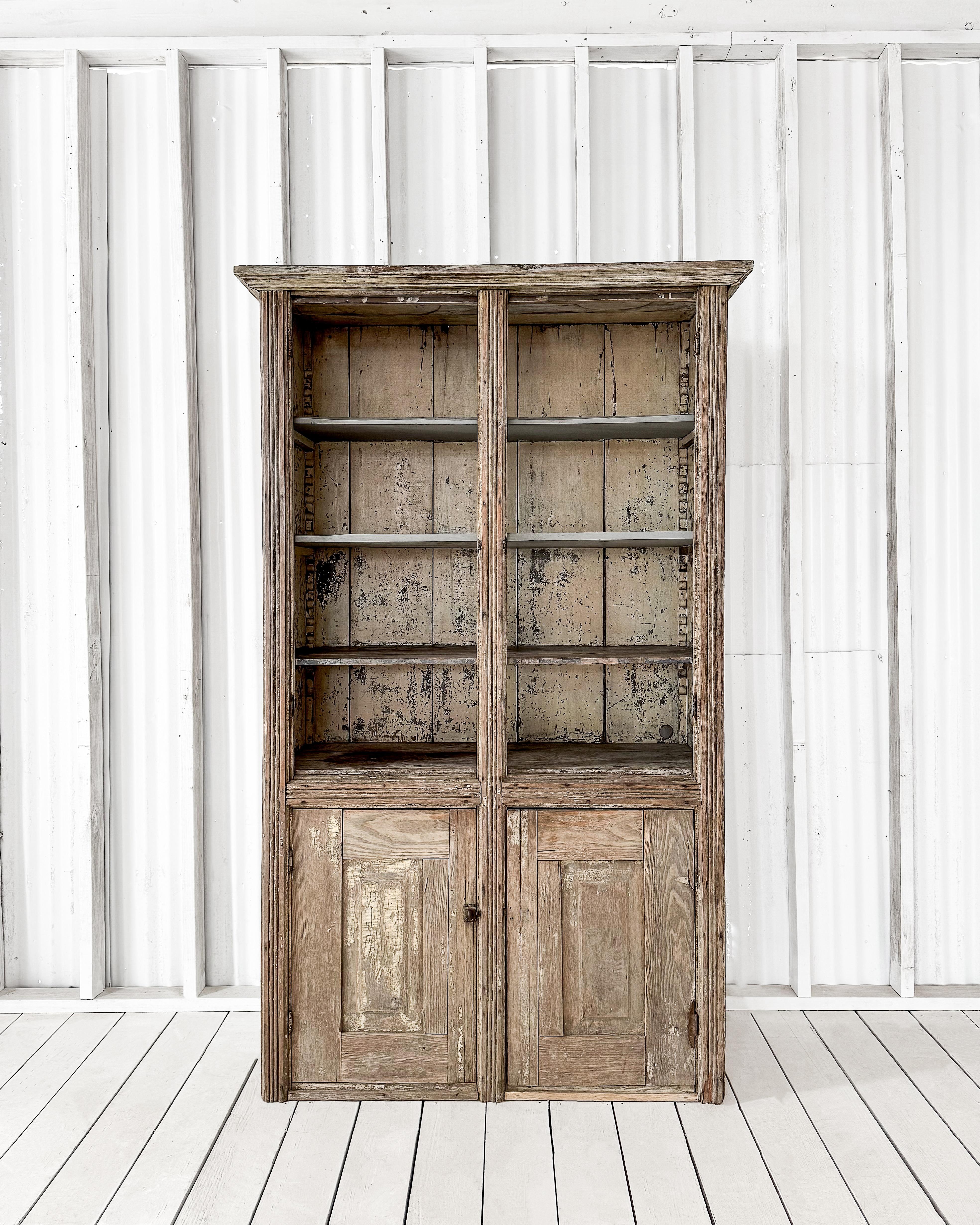 Antique Primitive 4 Door Cupboard with Worn Paint In Good Condition For Sale In Mckinney, TX