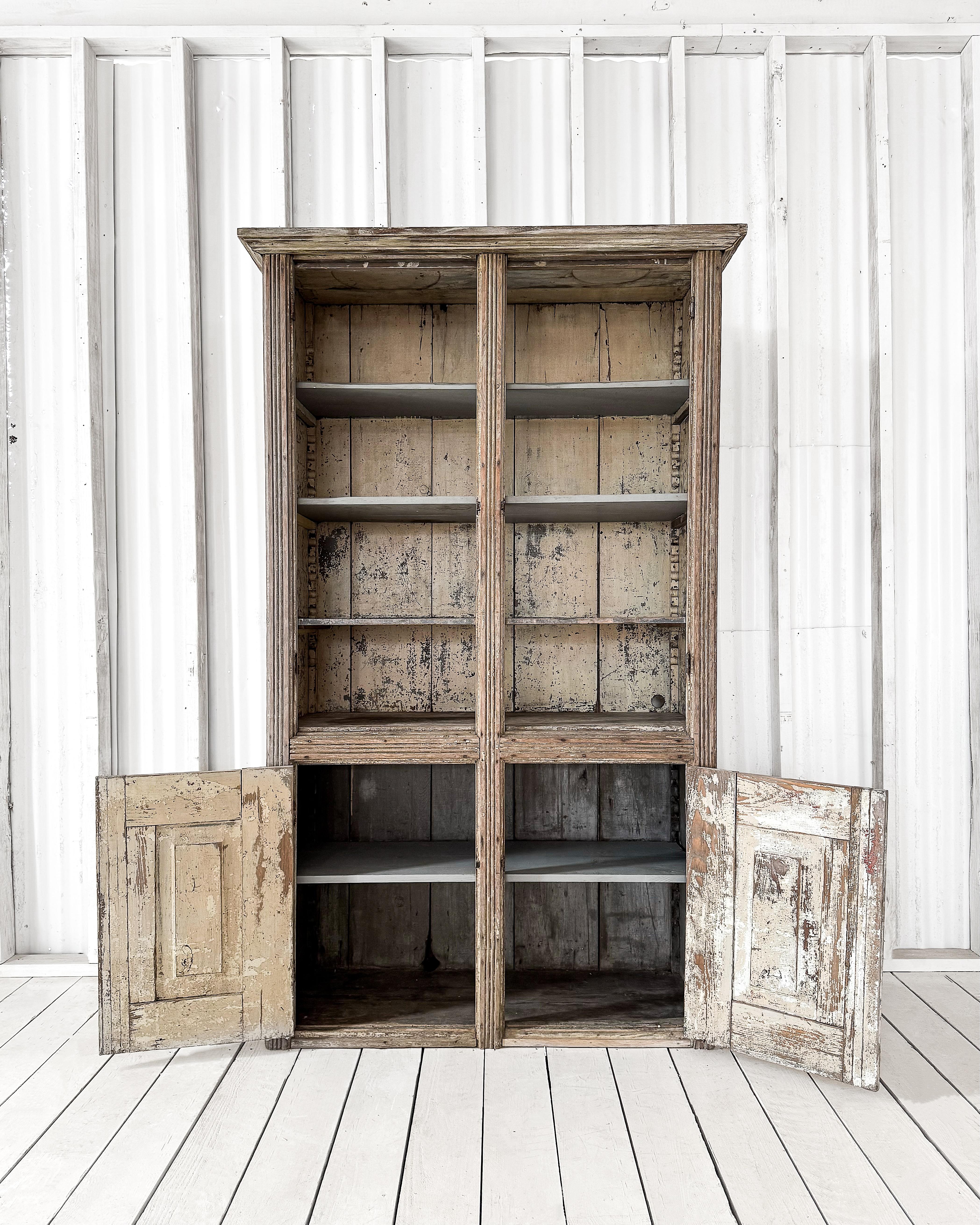 Antique Primitive 4 Door Cupboard with Worn Paint For Sale 10