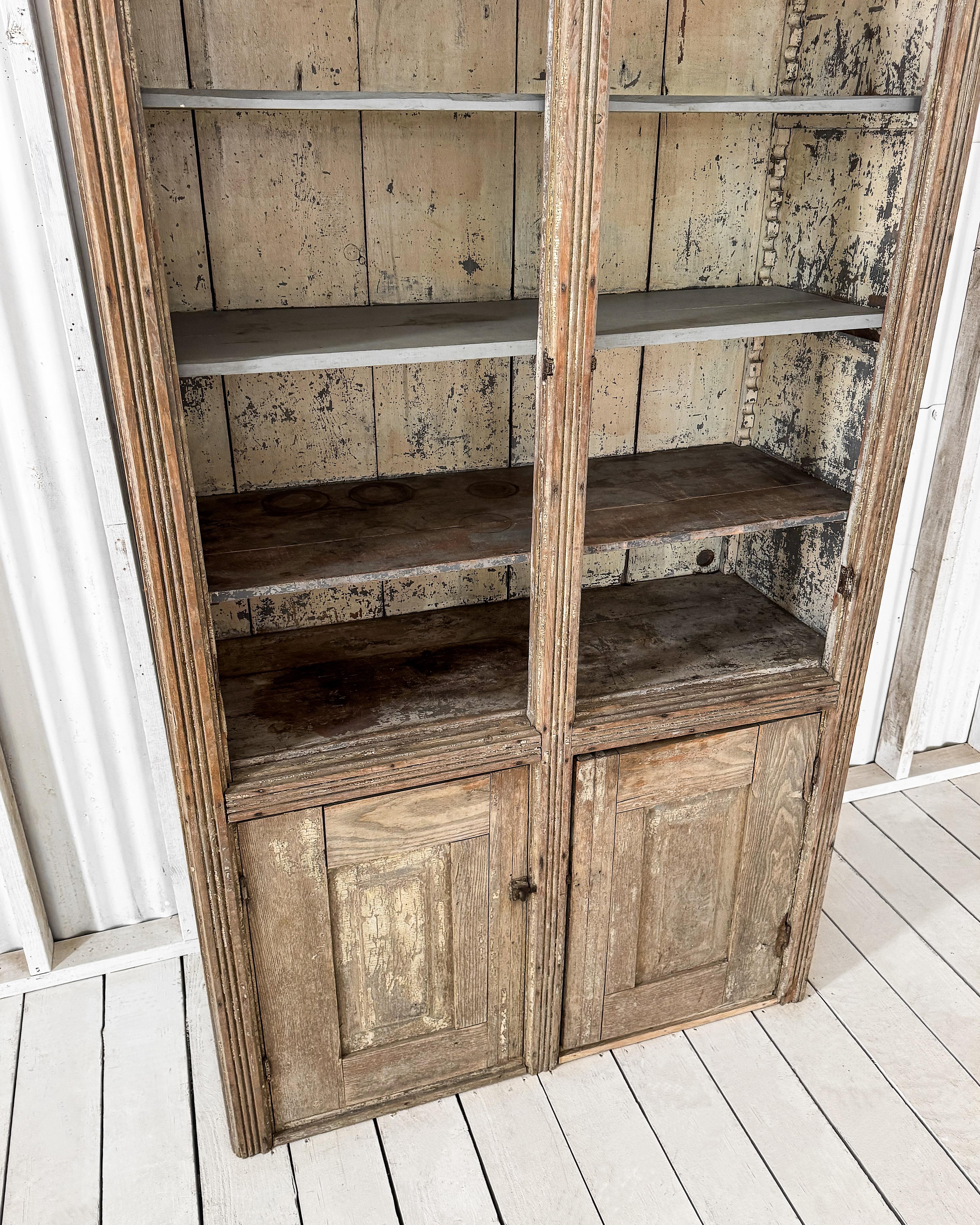 Antique Primitive 4 Door Cupboard with Worn Paint For Sale 2