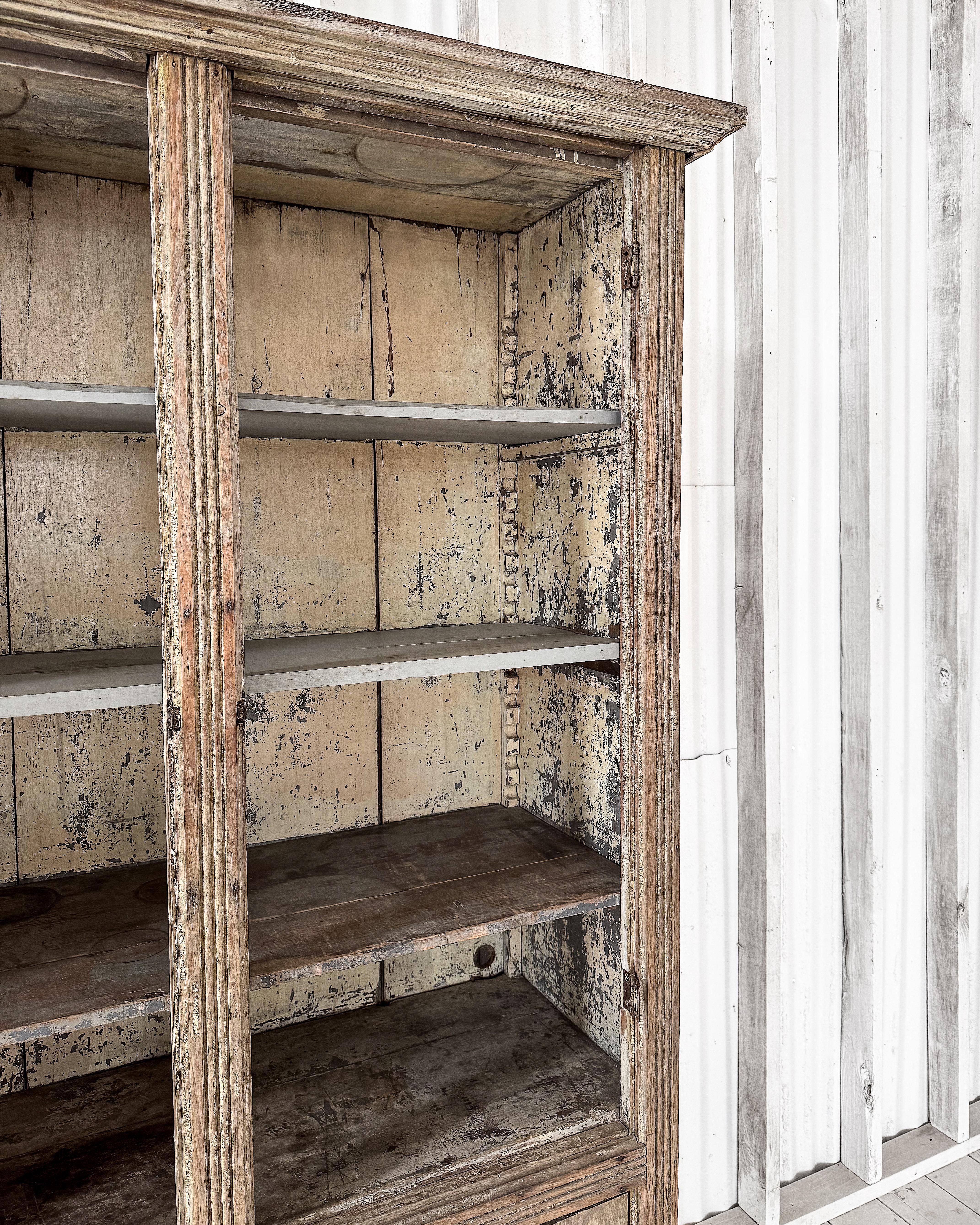 Antique Primitive 4 Door Cupboard with Worn Paint For Sale 1