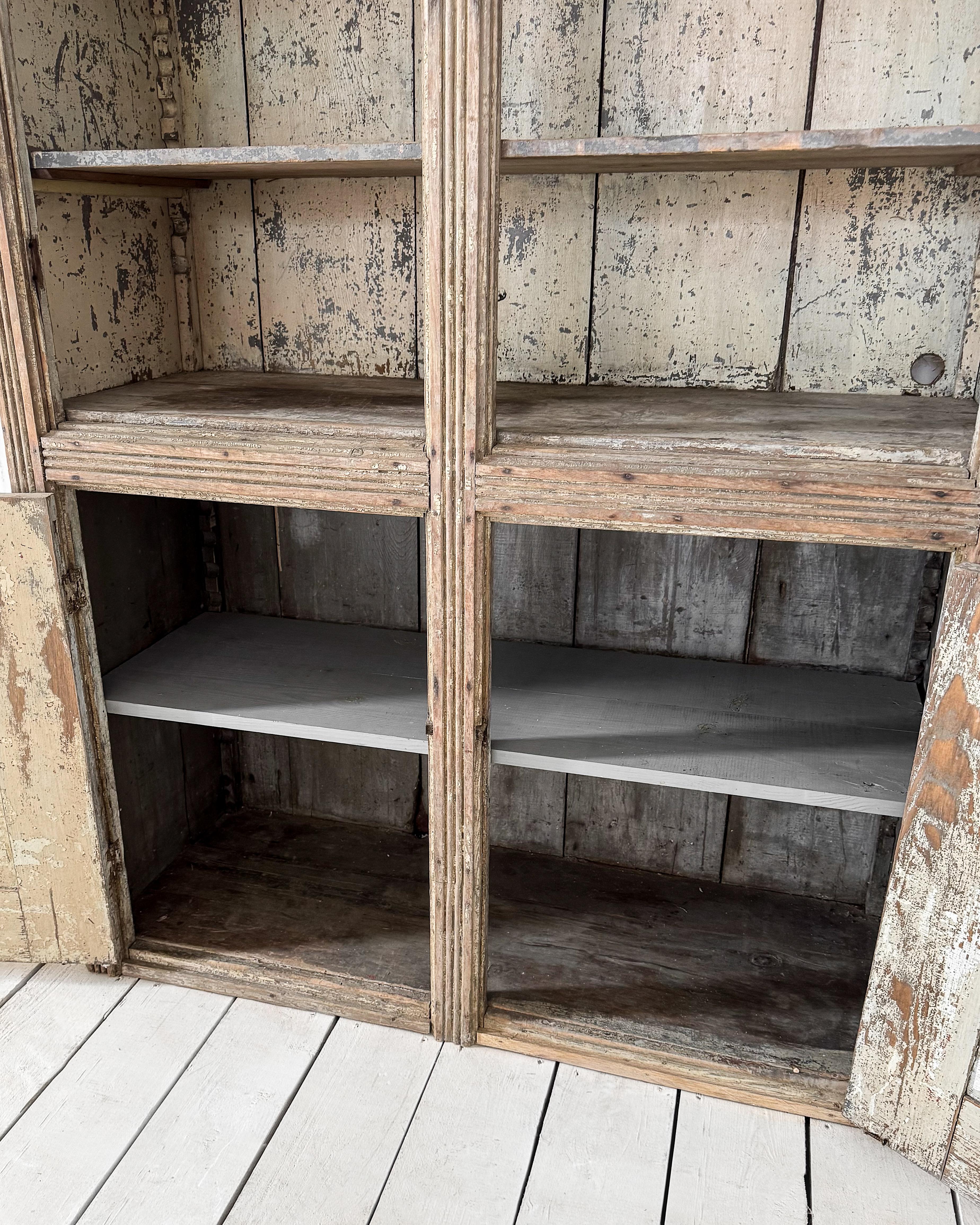 Antique Primitive 4 Door Cupboard with Worn Paint For Sale 11