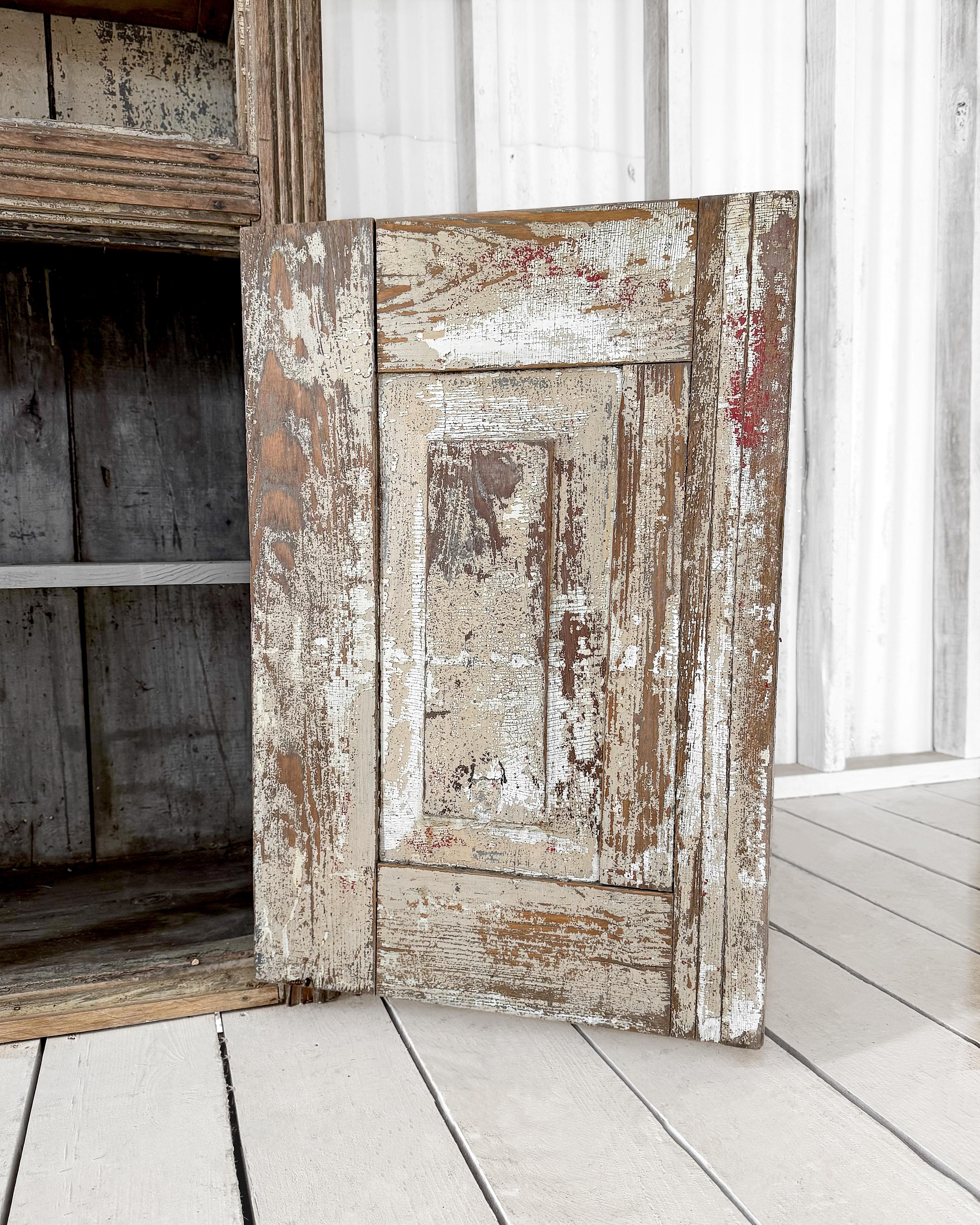 Antique Primitive 4 Door Cupboard with Worn Paint For Sale 13