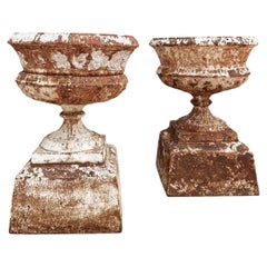 Pair of Antique Late 19th Century Cast Iron Garden Urns on Short Plinth Bases