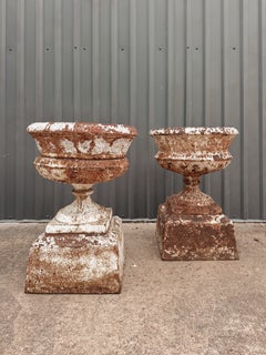 Pair of Antique Late 19th Century Cast Iron Garden Urns on Short Plinth Bases
