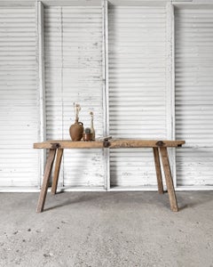 Antique 19th Century Rustic Work Table with Pegged Legs and Iron Bolt Details