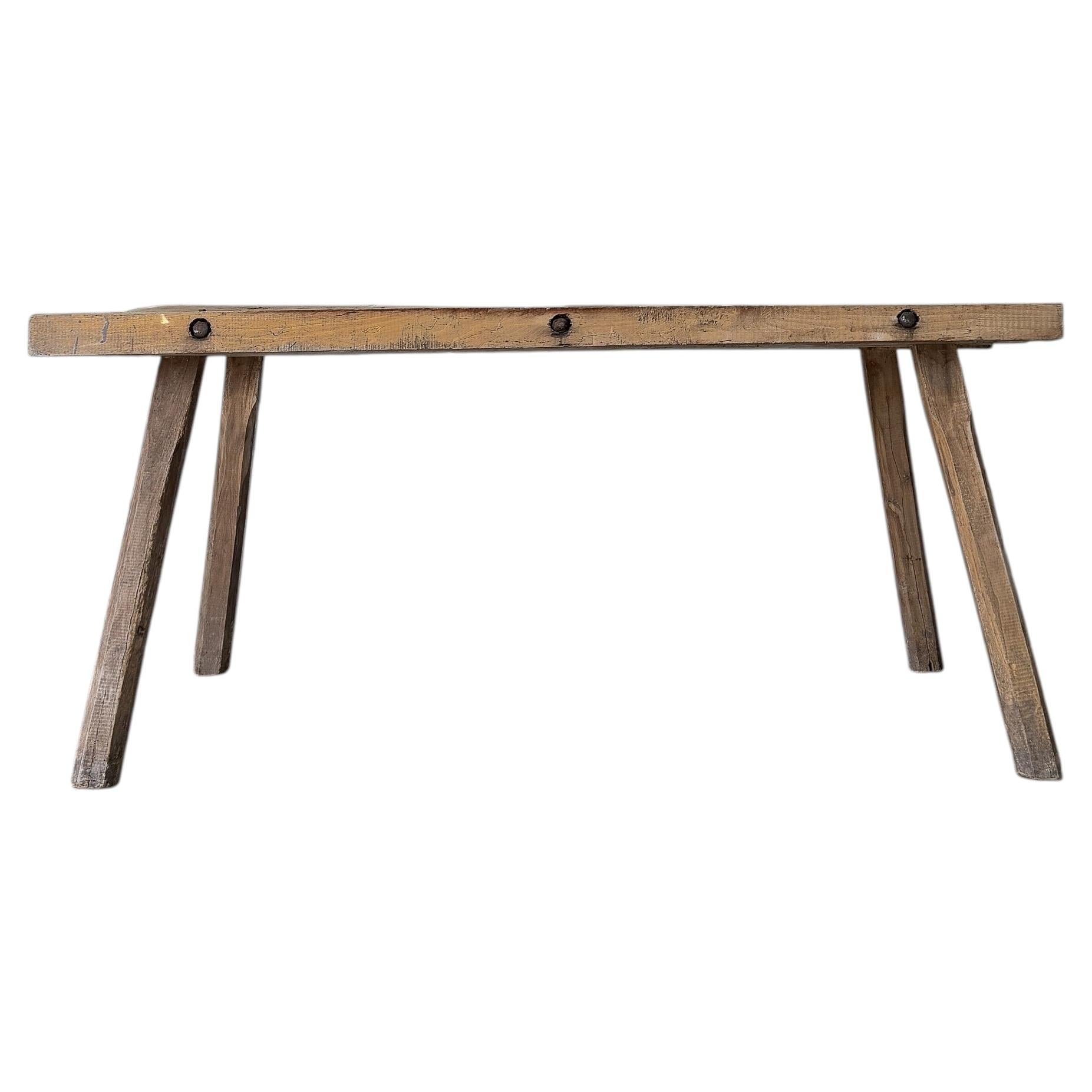 Antique 19th Century Rustic Work Table with Pegged Legs and Iron Bolt Details For Sale