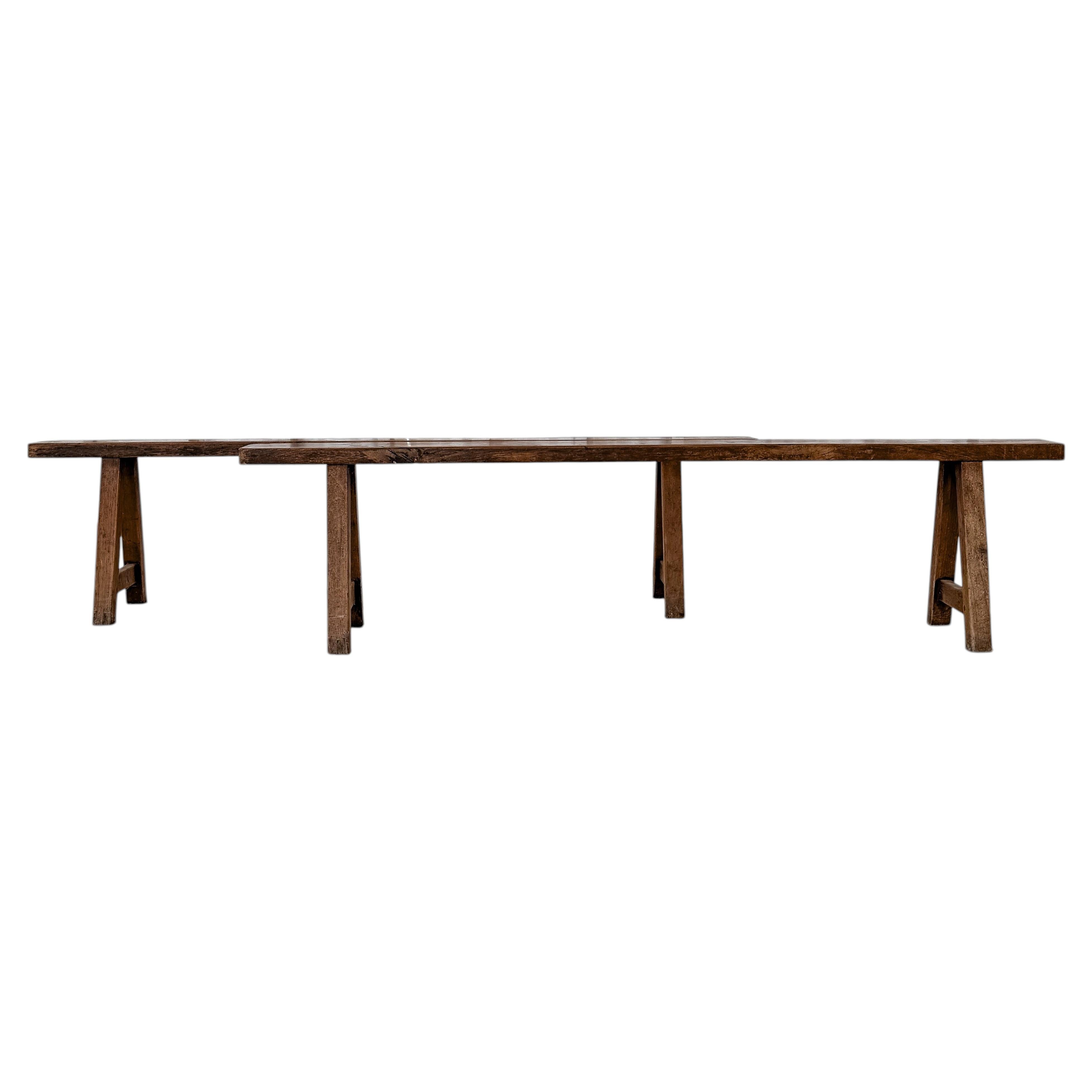Pair 19th Century Belgian Walnut Benches with A-Frame Legs