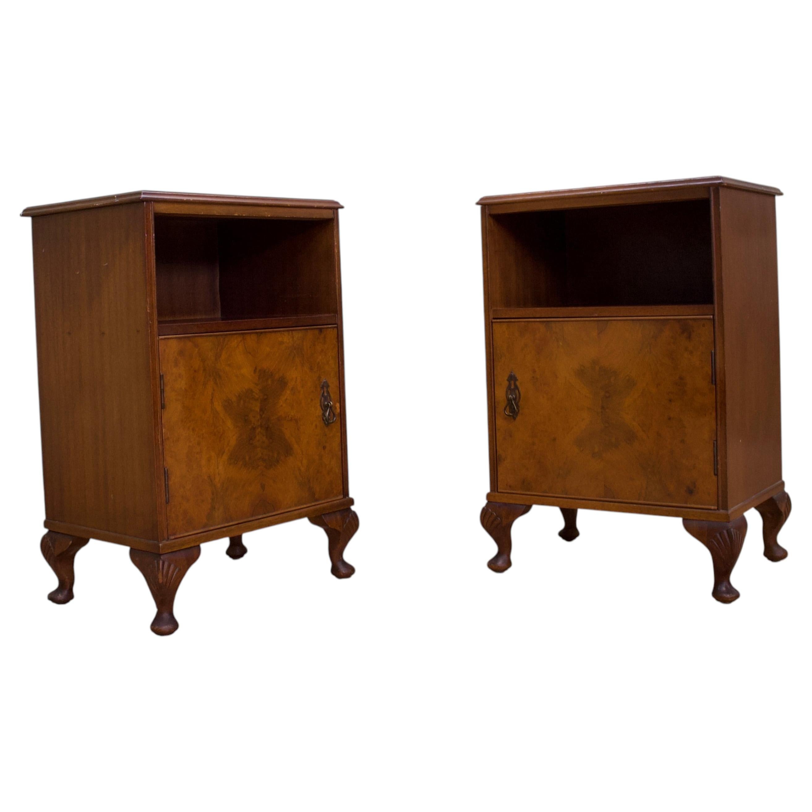 Vintage Art Deco Walnut Pair Bedside Tables Cabinets, 1930s For Sale