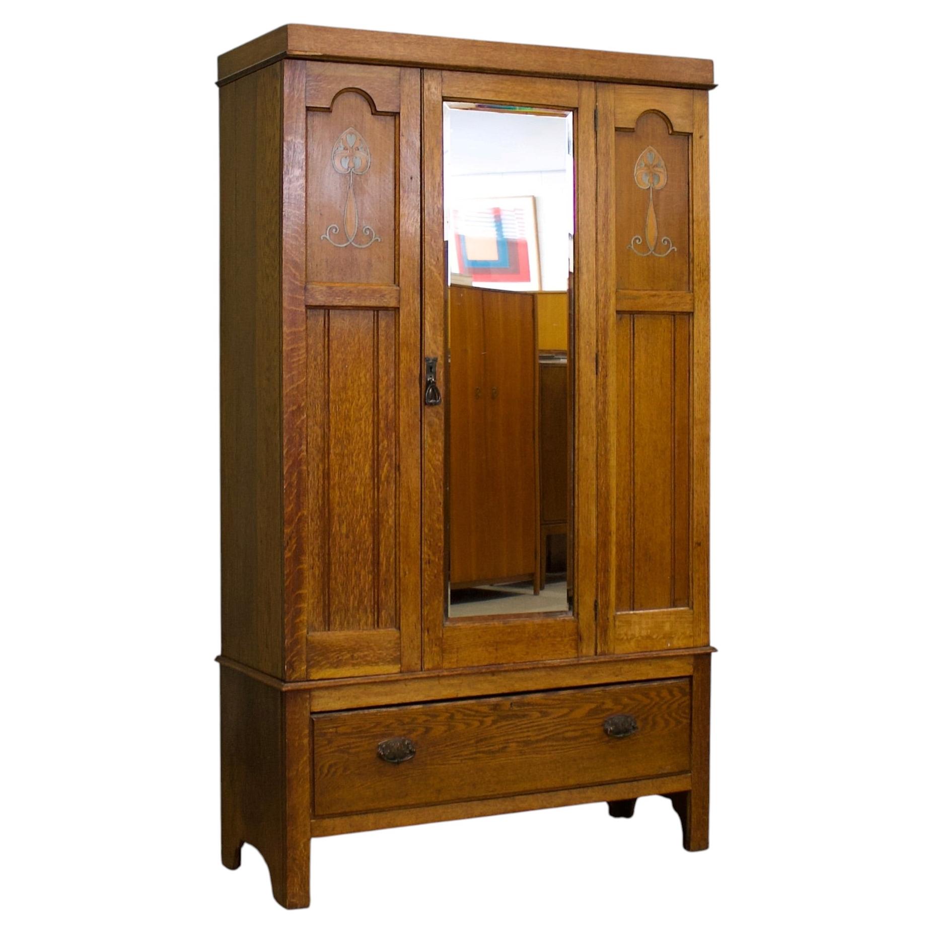 Antique Arts and Crafts Oak Wardrobe Hall Cupboard, 1900s