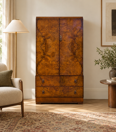 British Art Deco Tallboy Linen Cabinet in Burr Walnut, 1930s