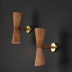 Hand-Crafted Rattan Wall Sconce Pair with Brass Accents, Mid-Century