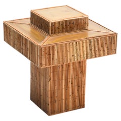 Rattan Prism Side Table, Hand-Crafted, Mid-Century Modern, Brass Top