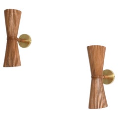 Hand-Crafted Rattan Wall Sconce Pair with Brass Accents, Mid-Century