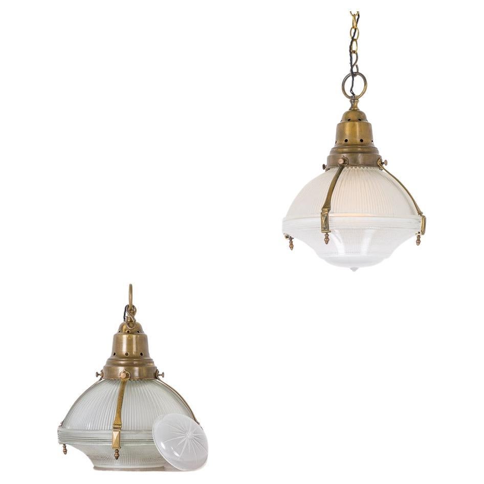 Large Pair of Antique Holophane Brass Caged Three Part Pendant Lights