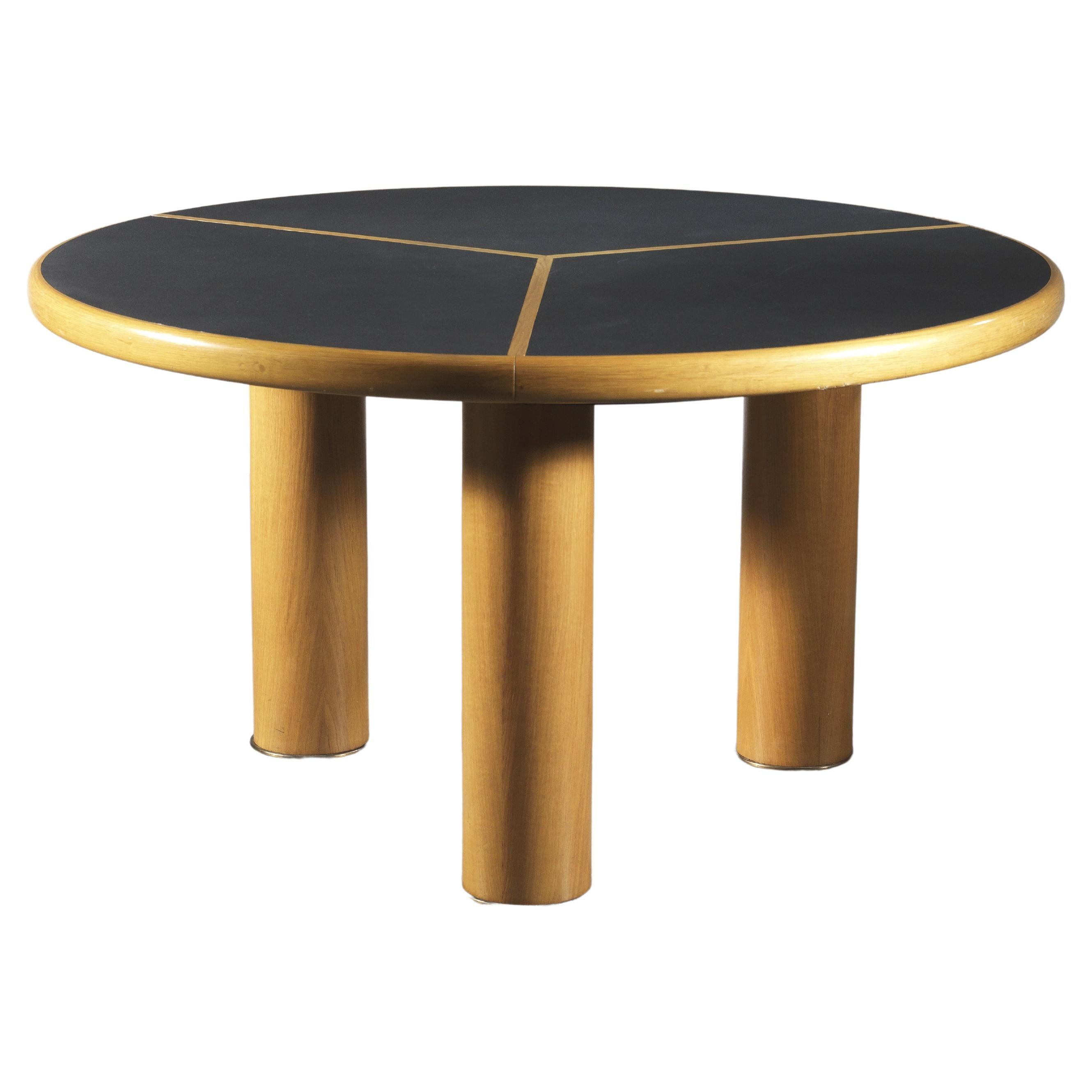 Sculptural Round table in wood, brass and dark laminate, Italy 1970s