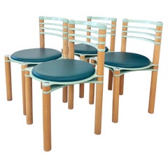 Set of 4 Postmodern Wooden + Blue Chairs by Kurt Thut for Dietiker, 1980s--4 pcs
